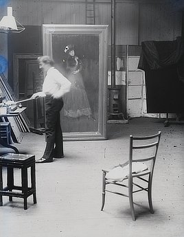 James McNeill Whistler, painter, in his studio. Photo by G. P. Jacomb Hood, around 1890.