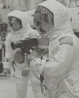 Astronauts Neil Armstrong and Buzz Aldrin practice with a camera prior to Apollo 11. Photo by NASA, 1969.