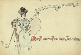 Miss Frances Benjamin Johnston, artist and photographer. Place card by William Mills Thomson, 1896.