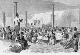 Zion School, Charleston, South Carolina. Wood engraved illustration from a sketch by Alfred R. Waud, 1866.