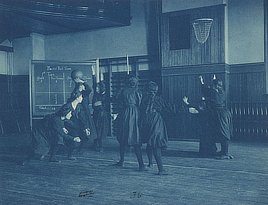 Female students playing basketball, Western High School, Washington, DC. Photo by Frances Benjamin Johnston, 1899