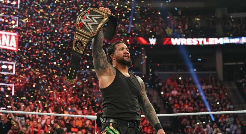 Jey Uso celebrates his historic World Heavyweight Championship victory at WrestleMania 41