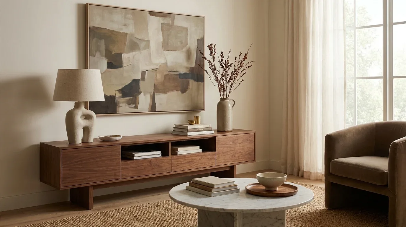 Modern living room decorated in warm neutral tones with layered textiles and natural wood accents