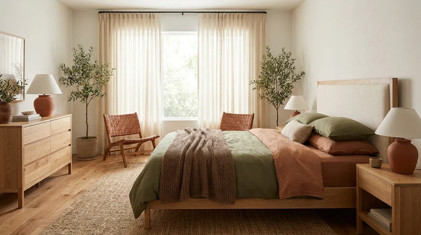 Organic modern room combining wood, linen, woven textures, ceramic, and contemporary furniture