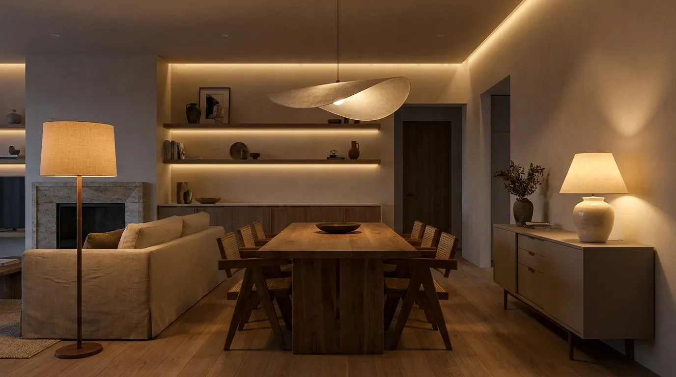 Contemporary living room with sculptural curved furniture and an artistic statement lamp