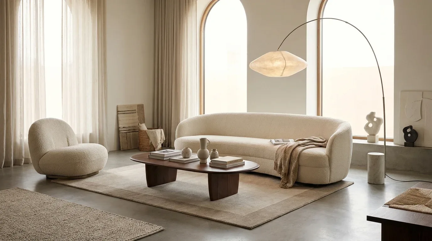 Modern interior with layered pendant, table, floor, and accent lighting creating a warm atmosphere