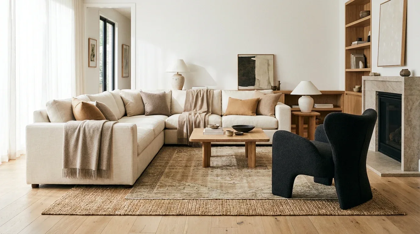 Modern bedroom featuring earthy olive, terracotta, cream, brown, and natural wood tones