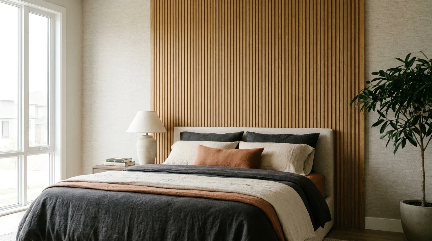 Contemporary bedroom with a sophisticated textured statement wall behind the bed