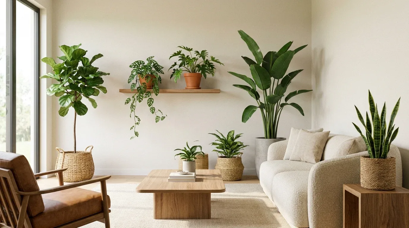 Modern living room with strategically placed indoor plants and contemporary neutral furnishings