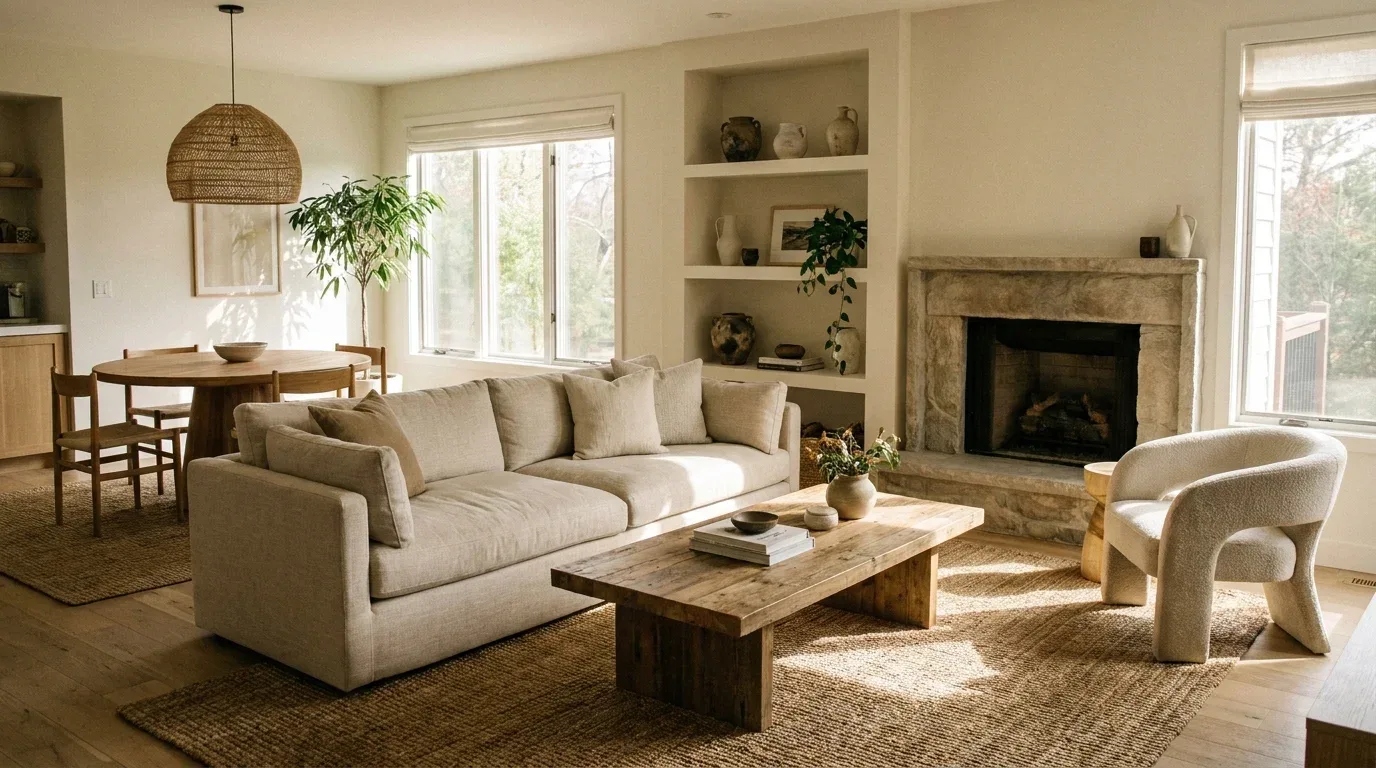 Curated modern decor with artwork, sculptural lighting, books, ceramics, and intentional negative space