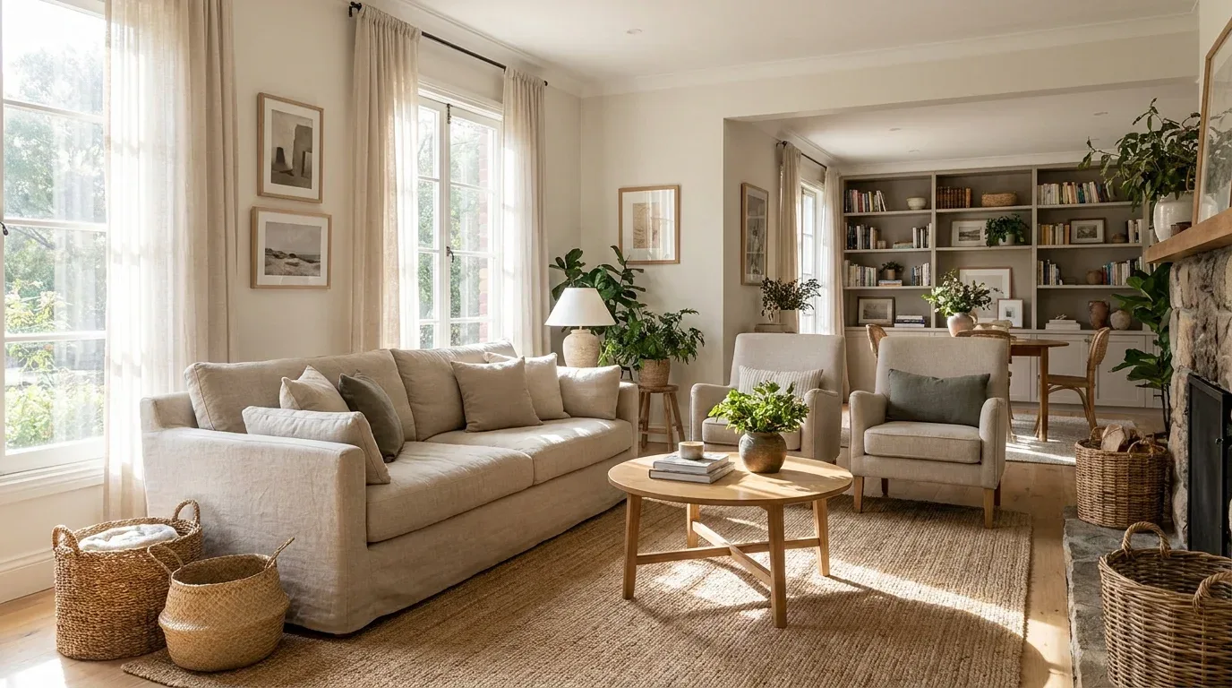 Living room with a fresh furniture arrangement designed for better flow and conversation