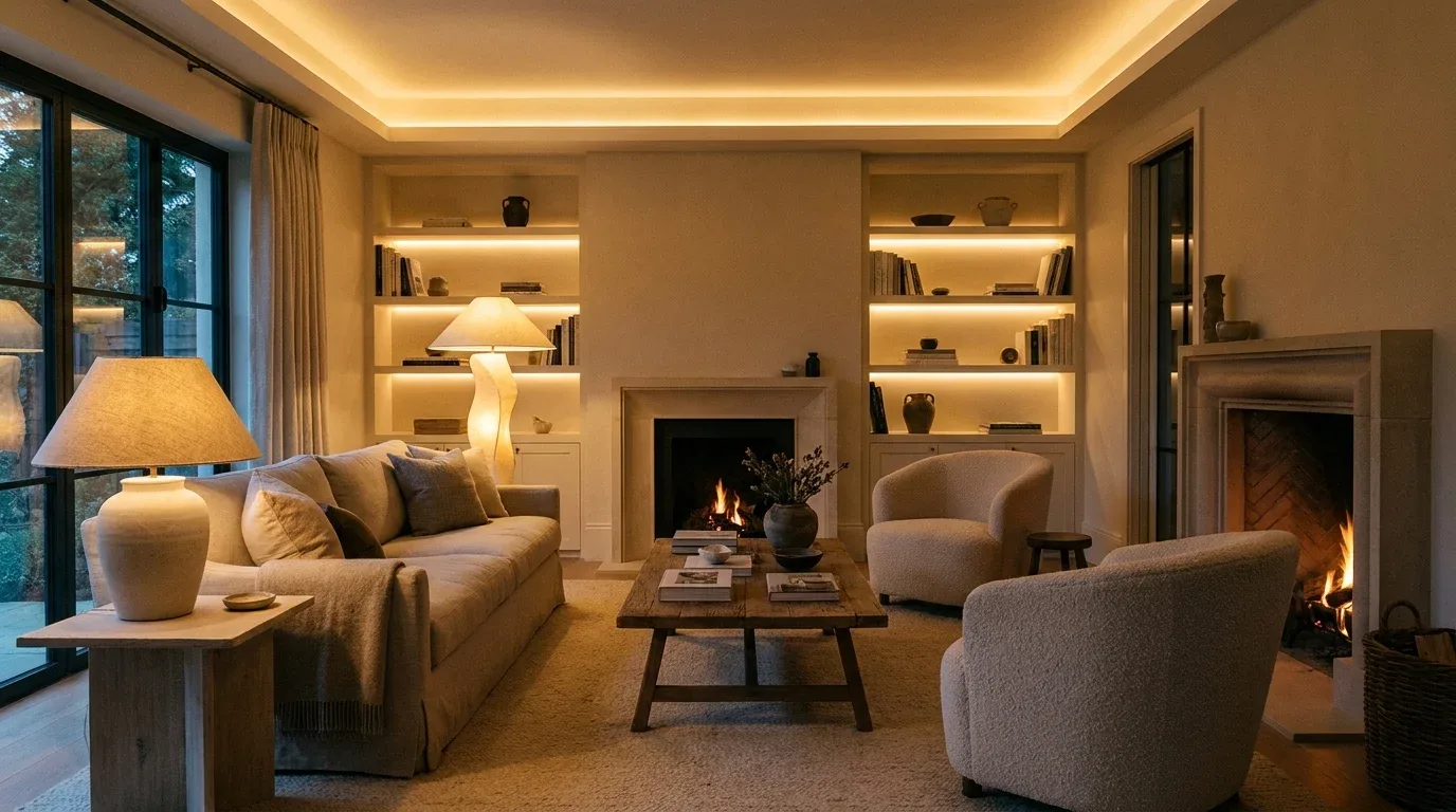 Layered throw pillows and blankets adding texture and comfort to a neutral room