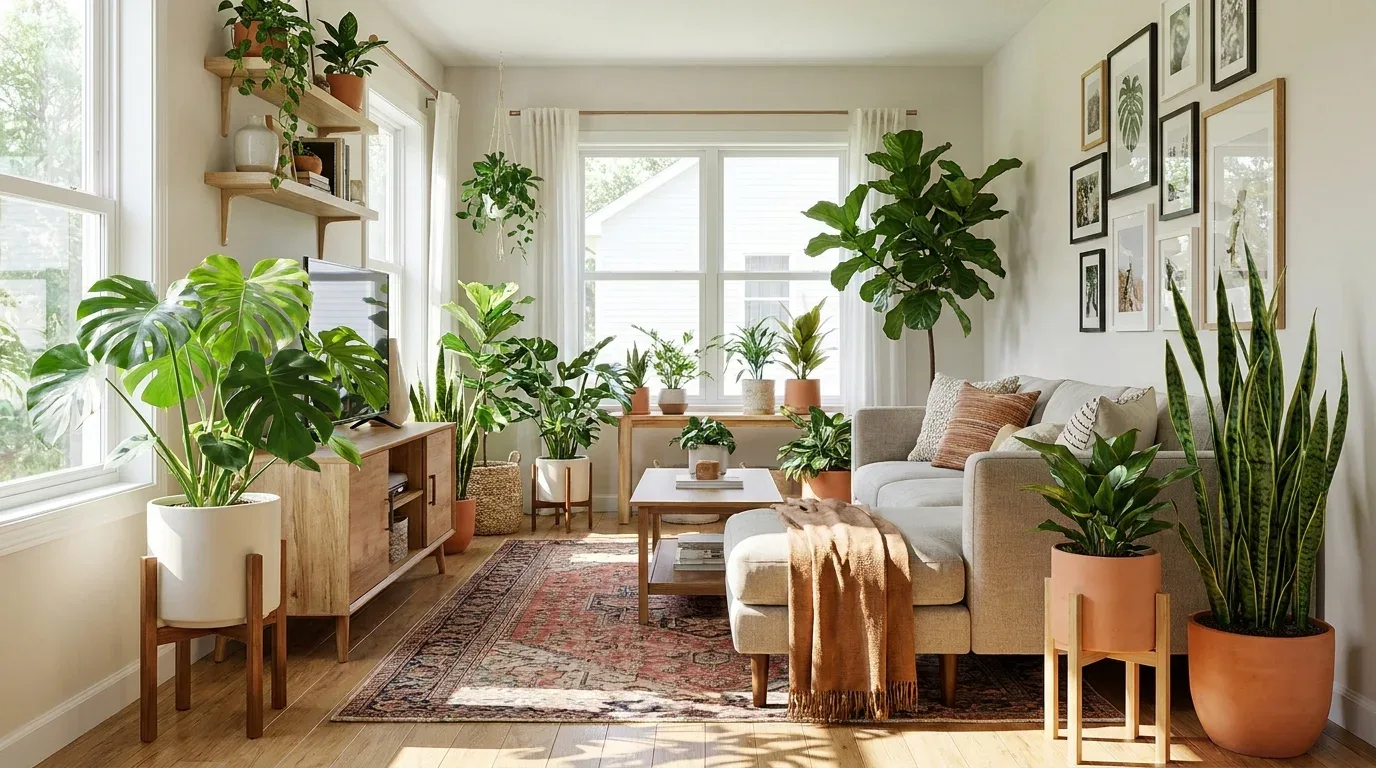 Green houseplants at different heights adding freshness and texture to a home