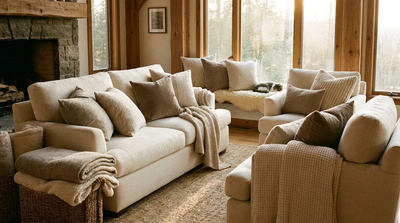 Living room using layered lamps and warm lighting to create a cozy atmosphere