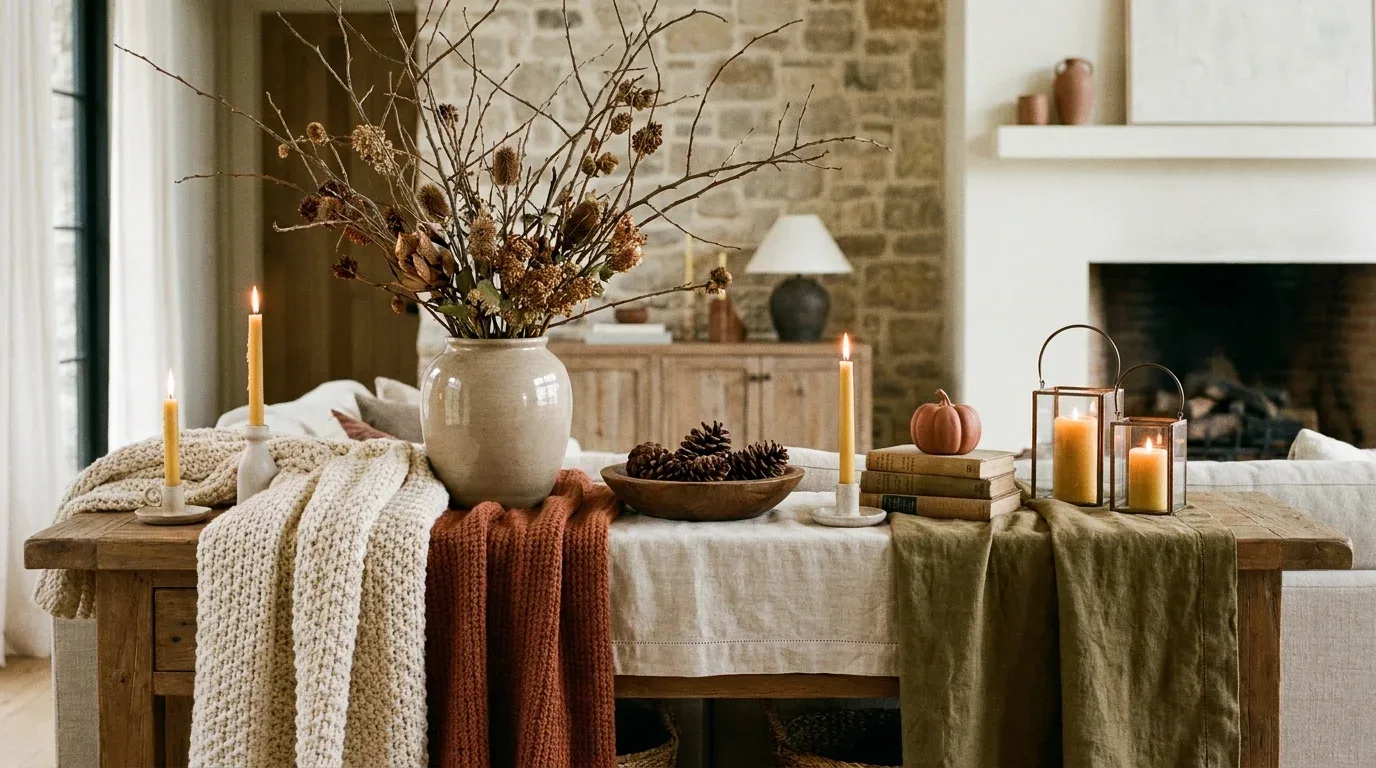 Simple seasonal console styling with natural branches, candles, and cozy accents